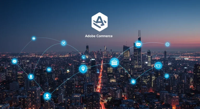 Futuristic digital cityscape representing Adobe Commerce API scalability