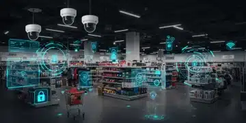 Advanced retail security systems monitoring store with AI cameras and digital displays.