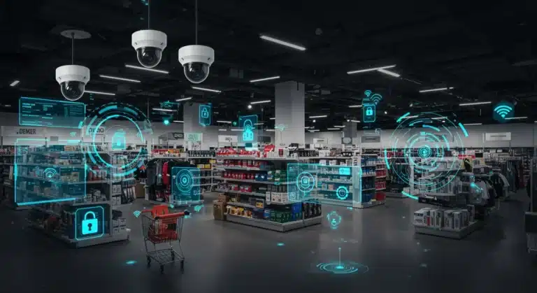 Advanced retail security systems monitoring store with AI cameras and digital displays.