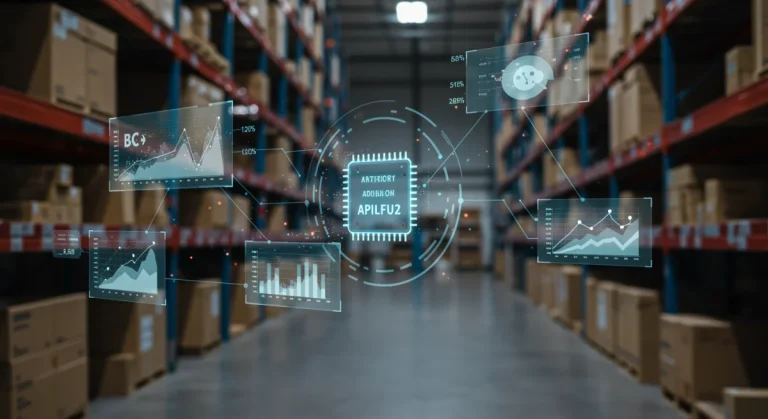 AI-powered inventory management dashboard showing optimized stock levels and efficiency gains.