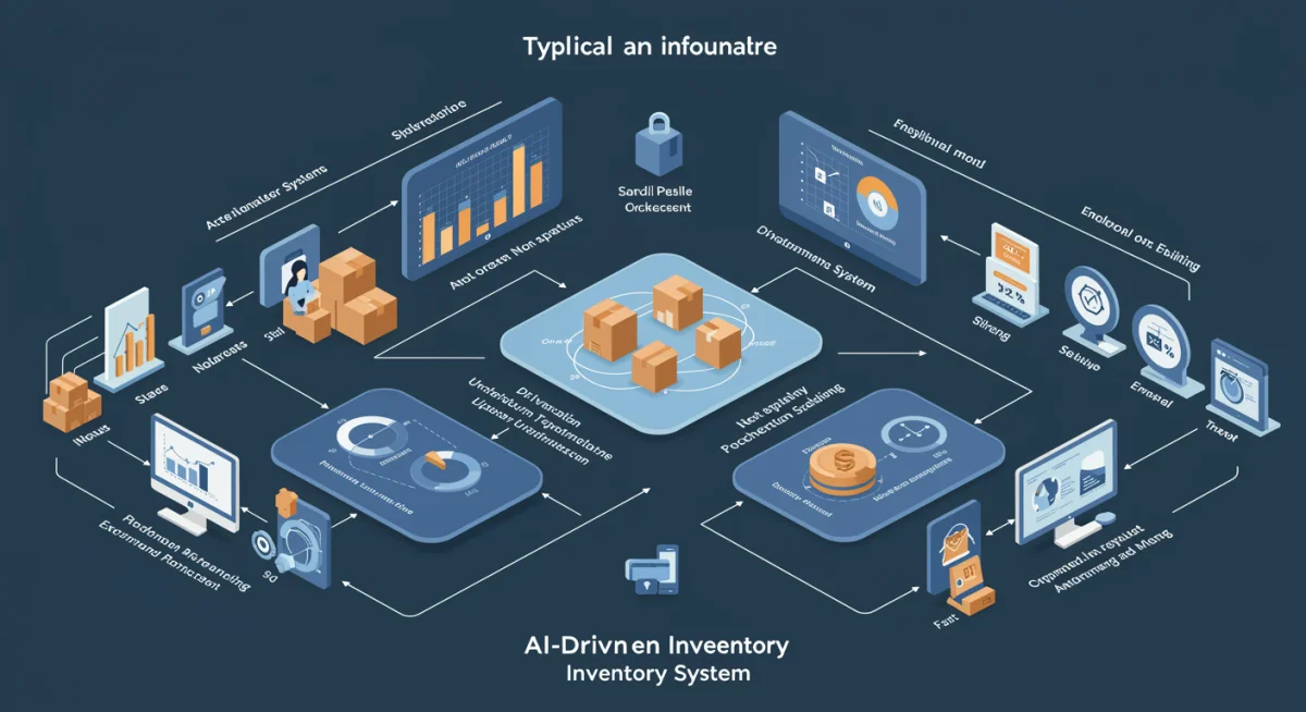 Infographic illustrating AI inventory management workflow and predictive analytics.