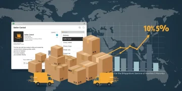 Amazon Seller Central dashboard with cost reduction graph and logistics symbols