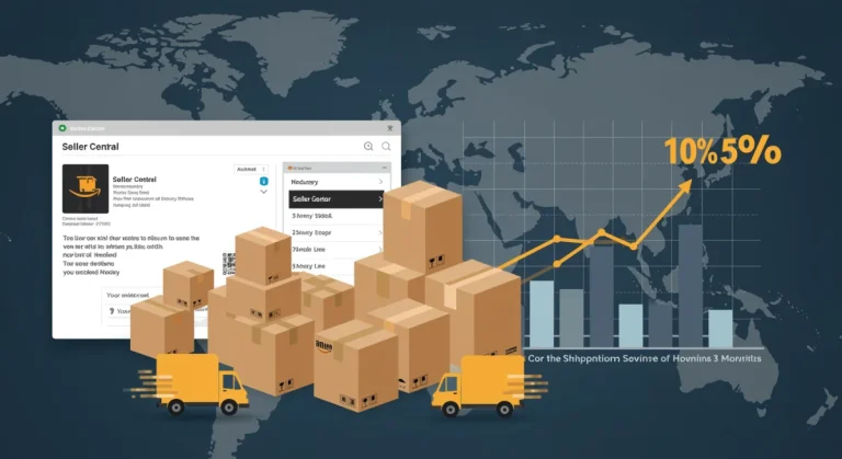 Amazon Seller Central dashboard with cost reduction graph and logistics symbols