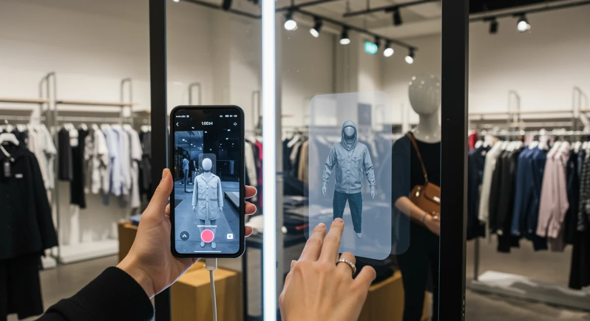 Customer interacting with augmented reality in a retail store