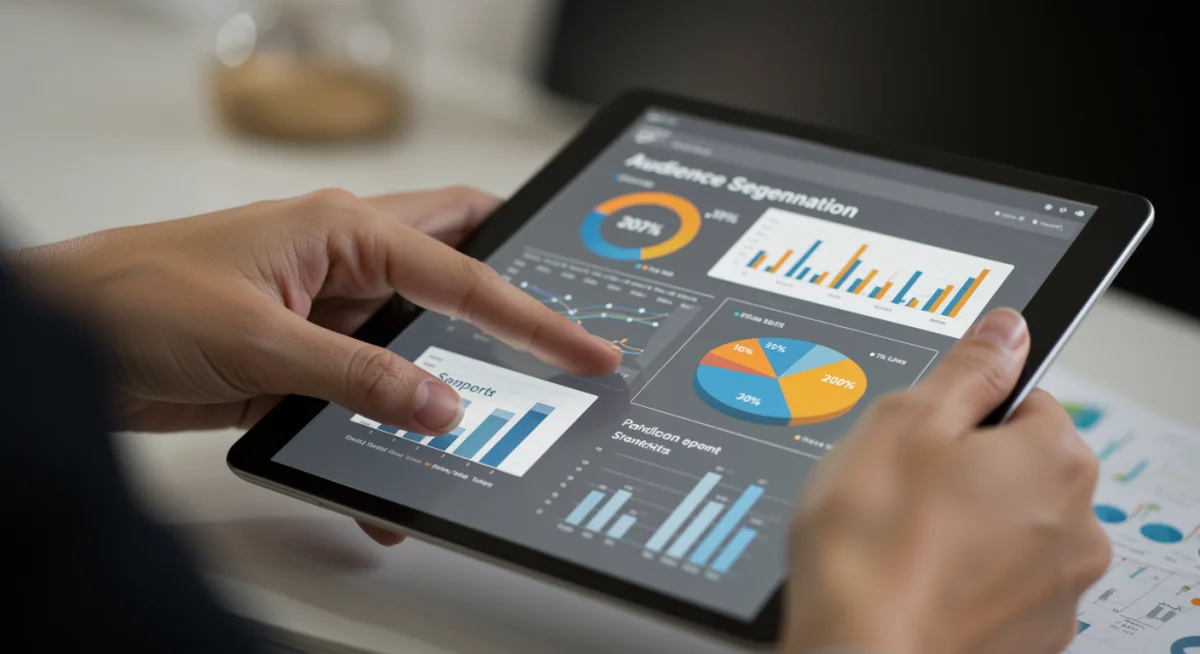 Hand interacting with tablet showing audience segmentation analytics for targeted advertising
