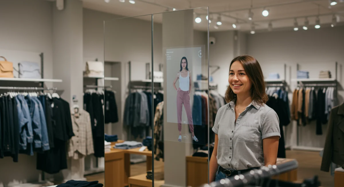 Customer using augmented reality mirror in retail store