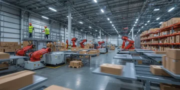 Automated warehouse with robots and efficient package sorting for optimized fulfillment.