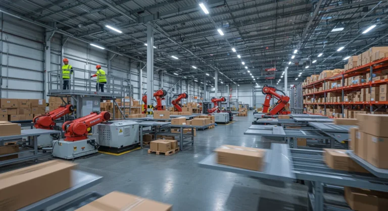 Automated warehouse with robots and efficient package sorting for optimized fulfillment.