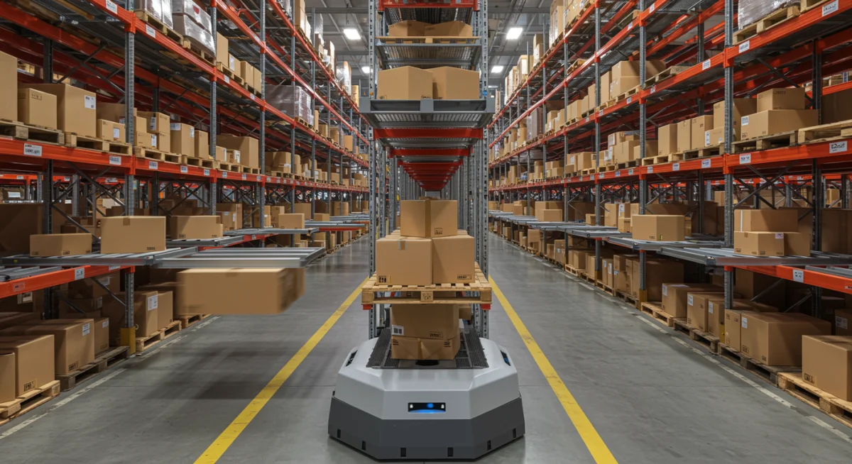 Automated robots working in a modern e-commerce fulfillment center