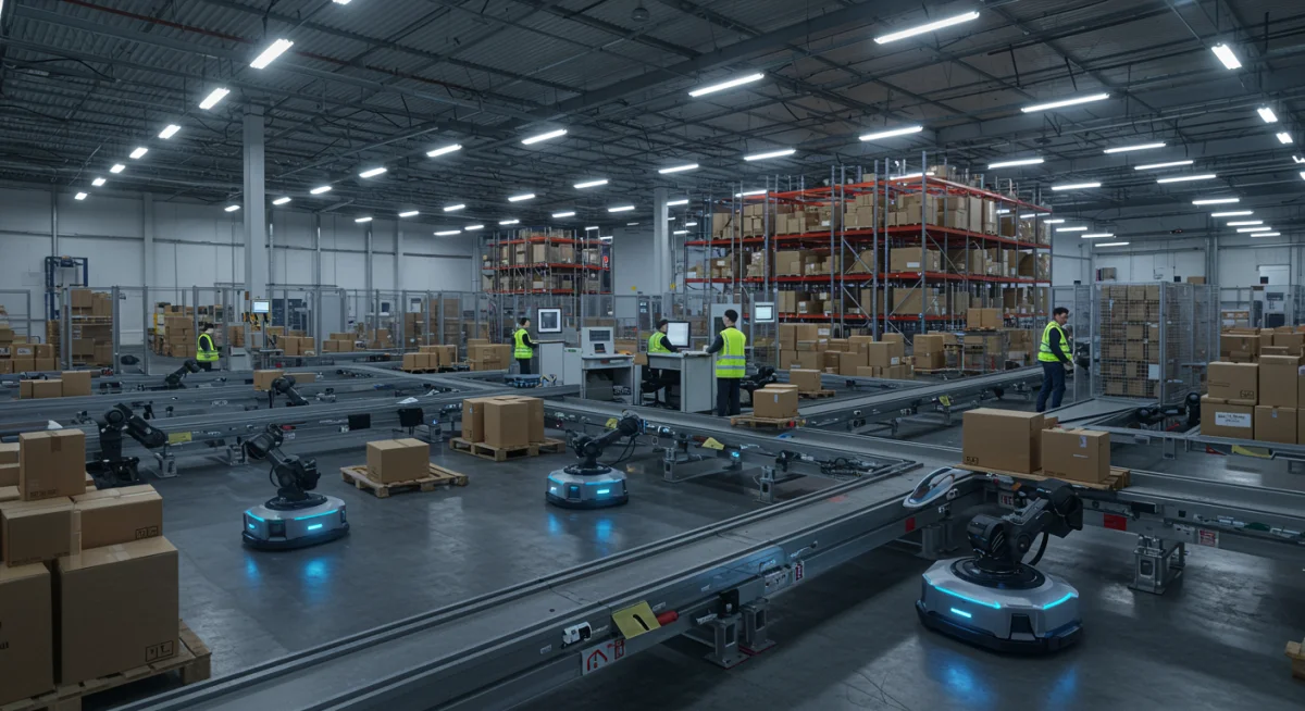 Automated warehouse with robots and human oversight for efficient logistics