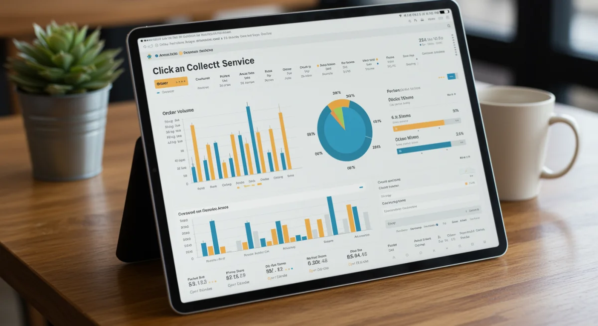 Digital dashboard with click-and-collect analytics, showing key performance indicators for retail efficiency.