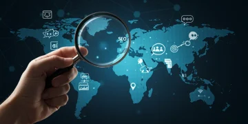 Digital magnifying glass over US map, symbolizing competitive digital marketing analysis for market advantage.
