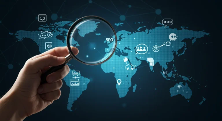 Digital magnifying glass over US map, symbolizing competitive digital marketing analysis for market advantage.