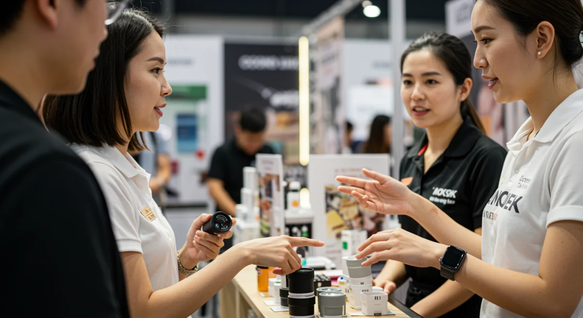 Customer engagement at a pop-up store with product interaction.