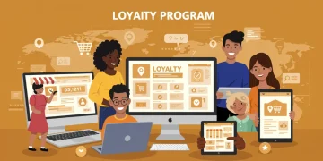 Illustration of diverse customers engaging with a digital loyalty program on various devices, representing U.S. e-commerce repeat purchases.