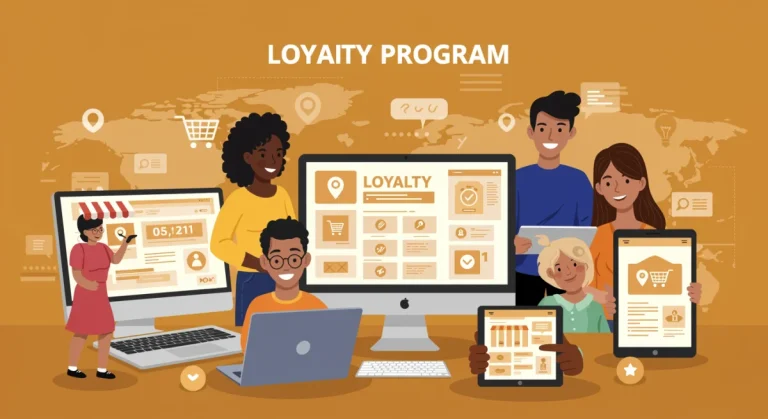 Illustration of diverse customers engaging with a digital loyalty program on various devices, representing U.S. e-commerce repeat purchases.