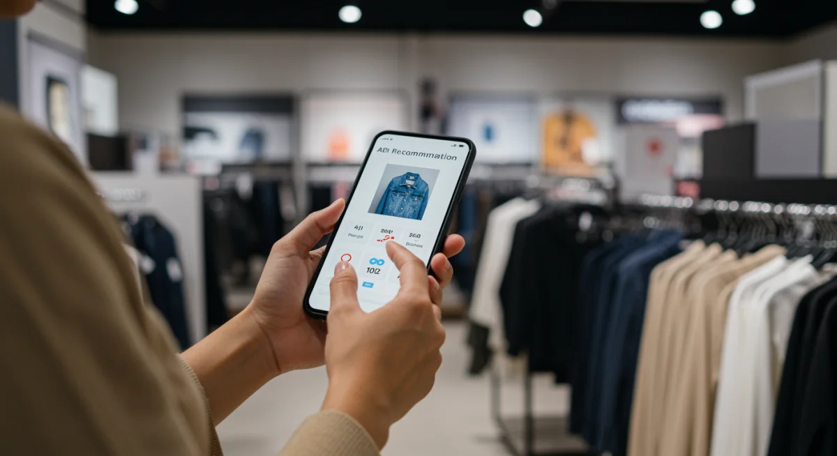Customer receiving personalized product recommendation on smartphone in a retail store.