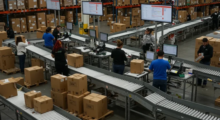 E-commerce warehouse operations during holiday rush, emphasizing efficient shipping