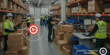 E-commerce returns management process with organized packages and staff