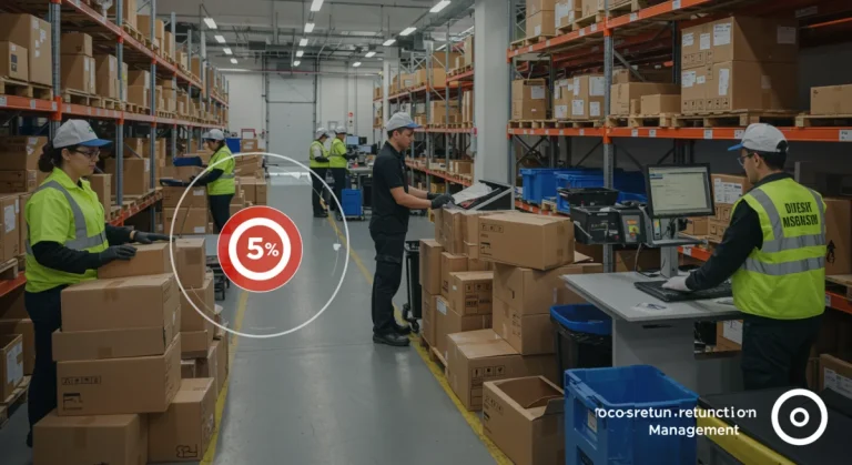 E-commerce returns management process with organized packages and staff