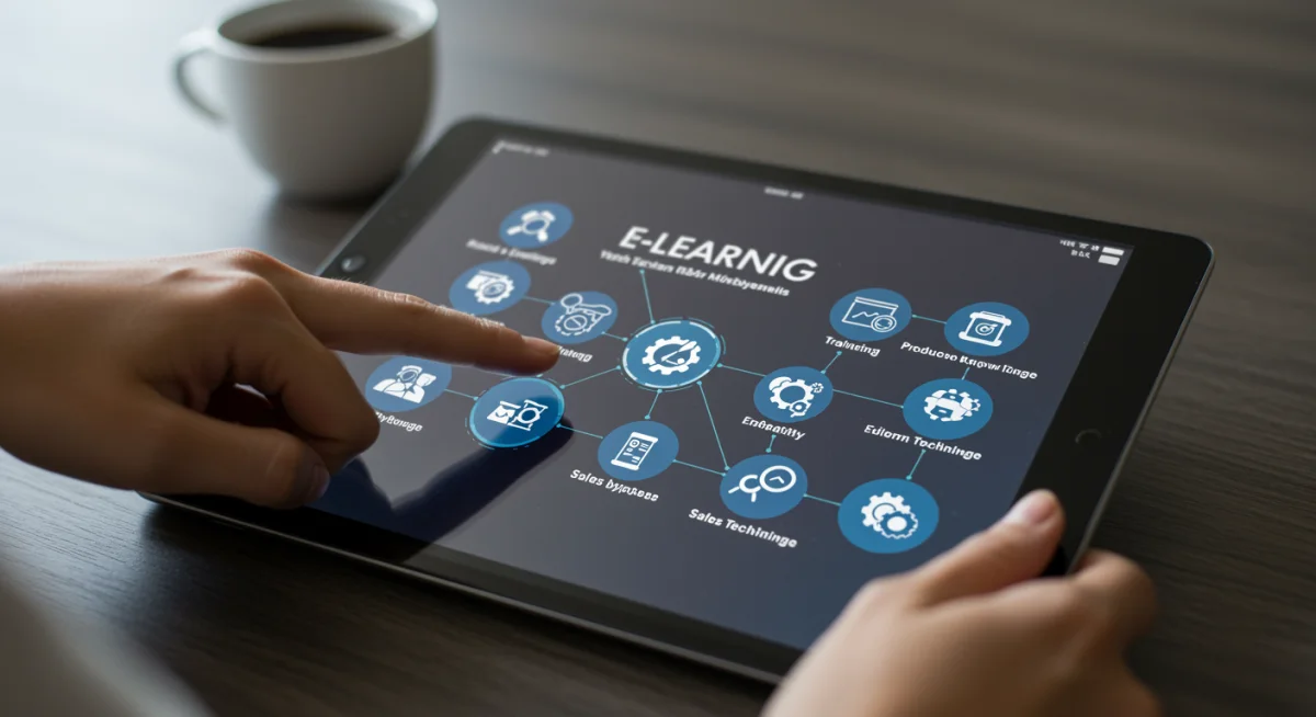 Interactive e-learning module on a tablet for retail staff development.