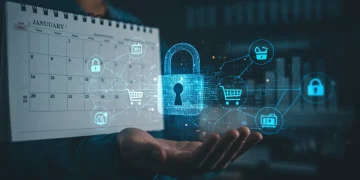 Digital padlock securing shopping cart, symbolizing e-commerce data privacy compliance by January 2025.