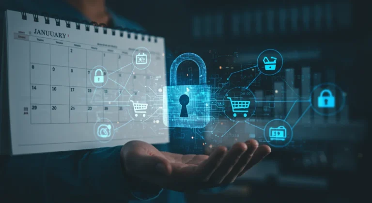 Digital padlock securing shopping cart, symbolizing e-commerce data privacy compliance by January 2025.