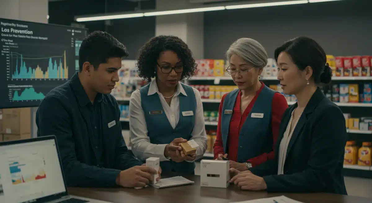 Retail employees collaborating on loss prevention strategies and data analysis.