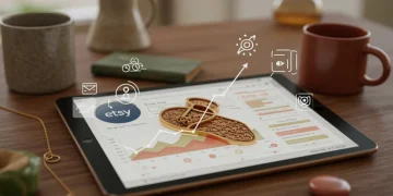 Etsy seller optimizing listings on a tablet, showing increased visibility metrics for handmade products.