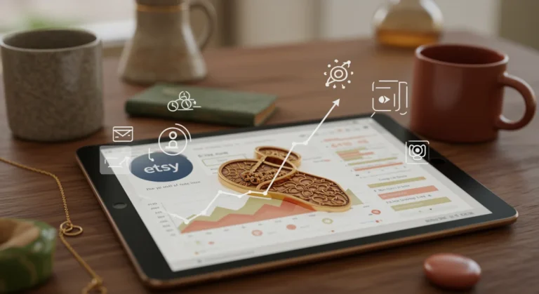 Etsy seller optimizing listings on a tablet, showing increased visibility metrics for handmade products.