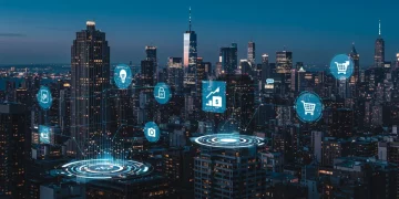 Futuristic cityscape with digital marketing projections, symbolizing e-commerce growth