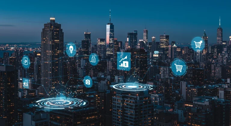 Futuristic cityscape with digital marketing projections, symbolizing e-commerce growth
