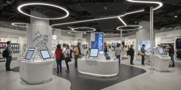 Futuristic retail store with interactive displays and engaged customers