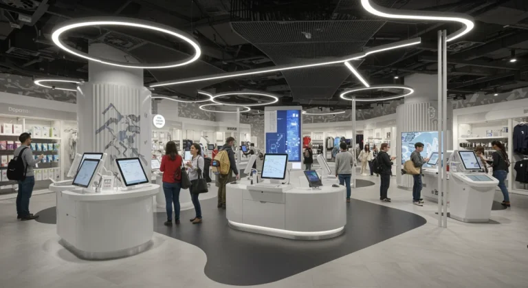 Futuristic retail store with interactive displays and engaged customers