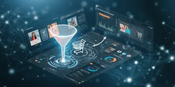 Futuristic digital dashboard showing abandoned cart recovery metrics and retargeting ads