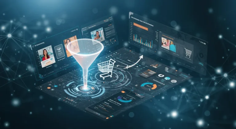 Futuristic digital dashboard showing abandoned cart recovery metrics and retargeting ads
