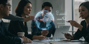 Professionals strategizing global e-commerce expansion with digital globe