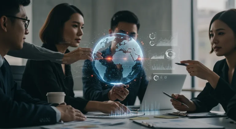 Professionals strategizing global e-commerce expansion with digital globe