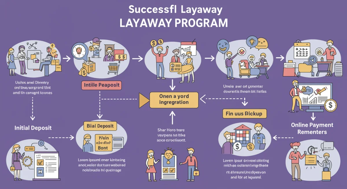 Infographic showing the customer journey through a modern layaway program, highlighting digital integration.