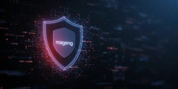 Magento Open Source security shield with glowing code lines