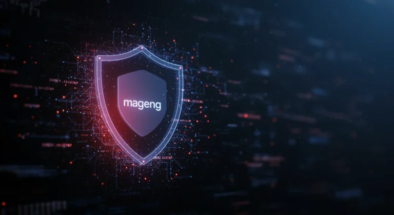 Magento Open Source security shield with glowing code lines