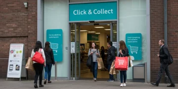 Modern retail store with 'Click & Collect' sign and customers, embodying efficient omnichannel service.