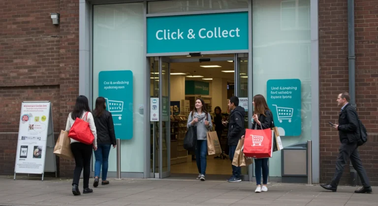 Modern retail store with 'Click & Collect' sign and customers, embodying efficient omnichannel service.