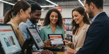 Modern retail store with diverse customers using a digital layaway payment system, symbolizing optimized sales strategy.