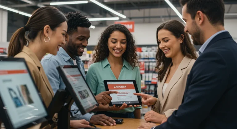 Modern retail store with diverse customers using a digital layaway payment system, symbolizing optimized sales strategy.