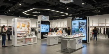 Modern retail store interior with digital displays and interactive product merchandising