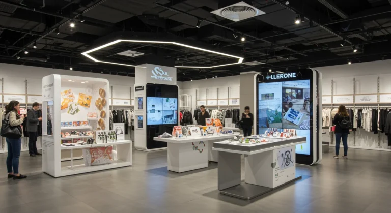 Modern retail store interior with digital displays and interactive product merchandising