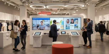 Modern retail store with personalized digital displays and engaged customers.