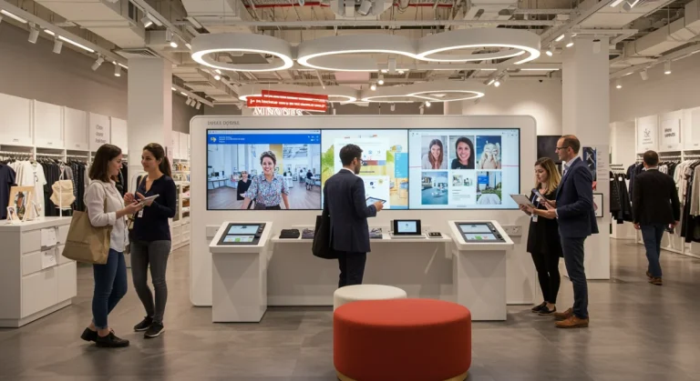 Modern retail store with personalized digital displays and engaged customers.