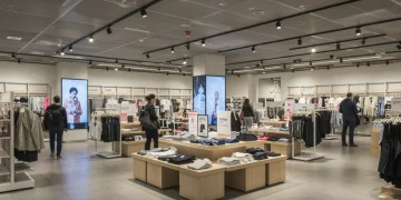 Modern retail store interior with customers browsing, clean design, and digital displays
